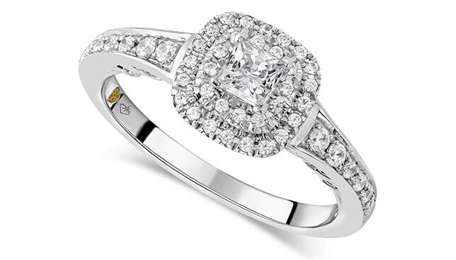 White gold engagement ring with princess cut diamond and double halo